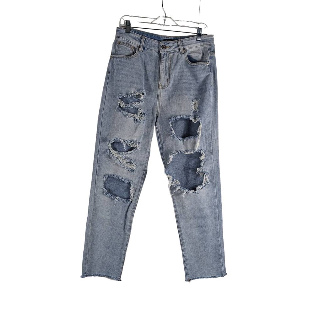 Nasty Gal Denim Light Wash High Waste Distressed Raw Hem Mom Jeans 30" Waist